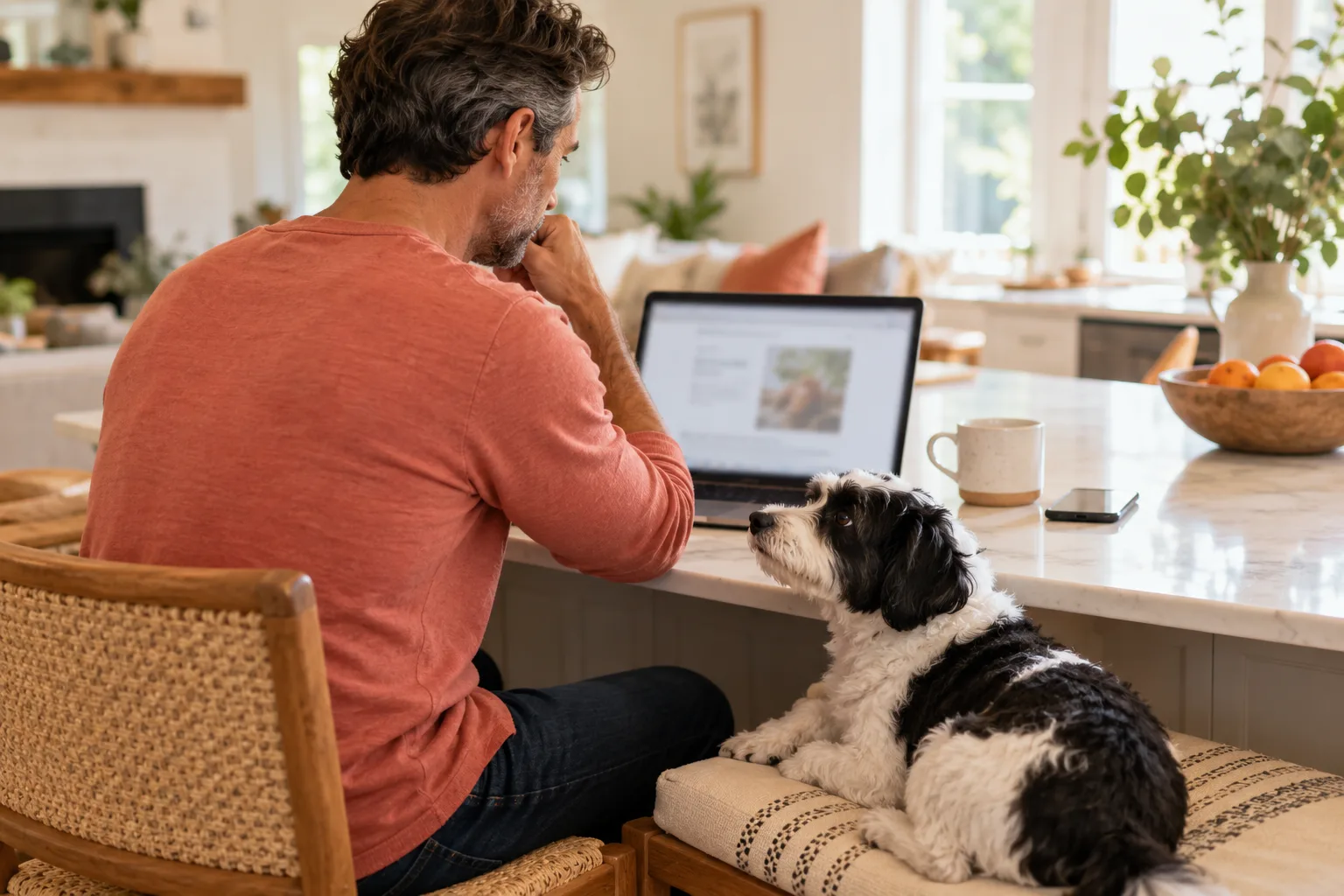 Man using a laptop beside a black-and-white dog at home
